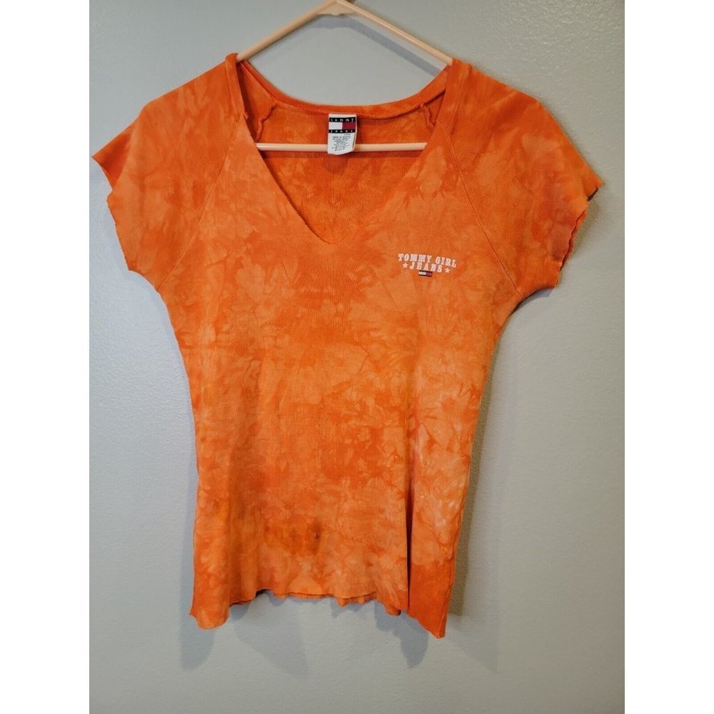 Vintage 90's Tommy Girl Size Large Women's Top Orange Logo Cap Sleeve Shirt
